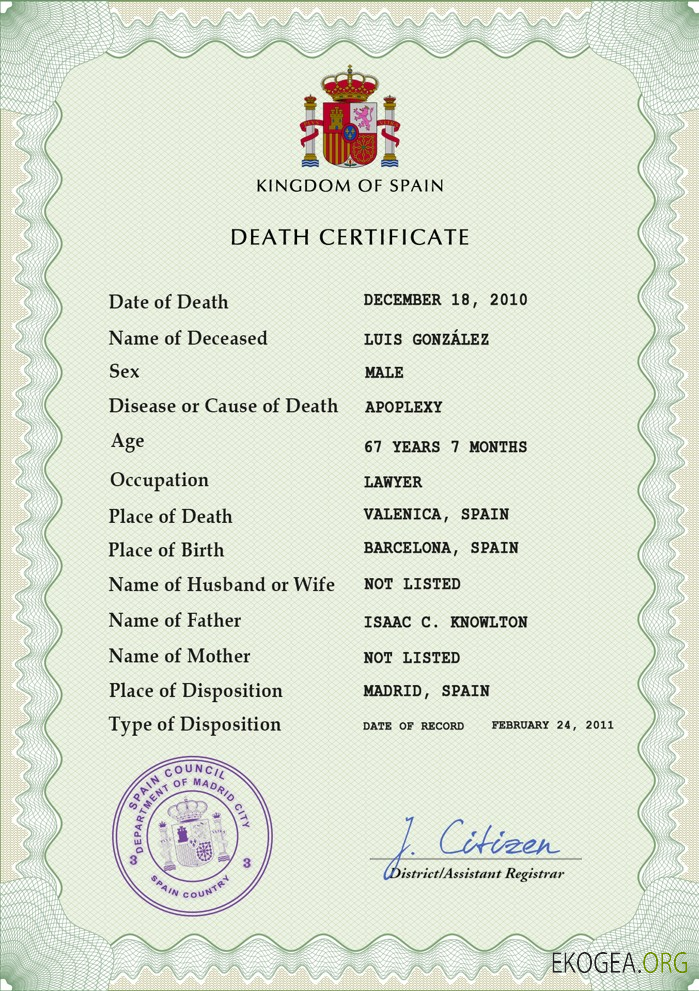 Modèle PSD de certificat de décès en Espagne